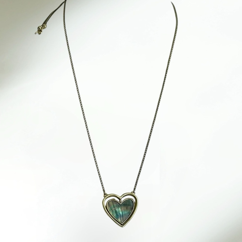 Lucky Brand Reversible Heart Pendant Gold Tone Lariat Necklace MOP Abalone 35"